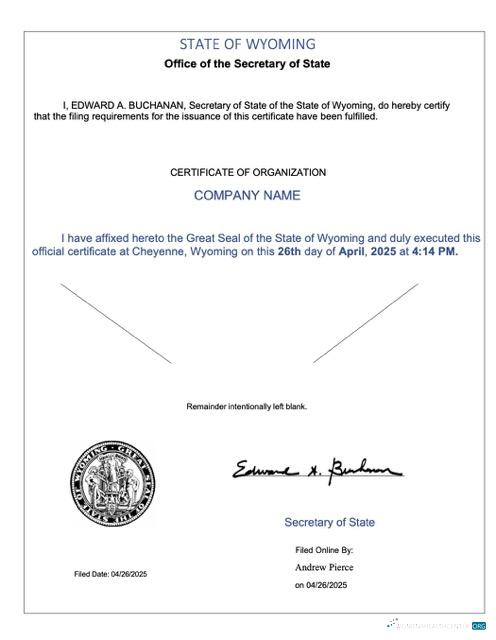 Download USA Wyoming certificate of organization Word and PDF template Photoshop template